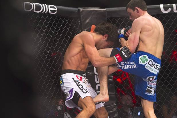 Tyson Steele, right, of Canada knees Gregor Gracie of New York City during the World Series of Fighting debut in the PH Live theater at Planet Hollywood Saturday, Nov. 3, 2012. The event was broadcast live on the NBC Sports Network.
