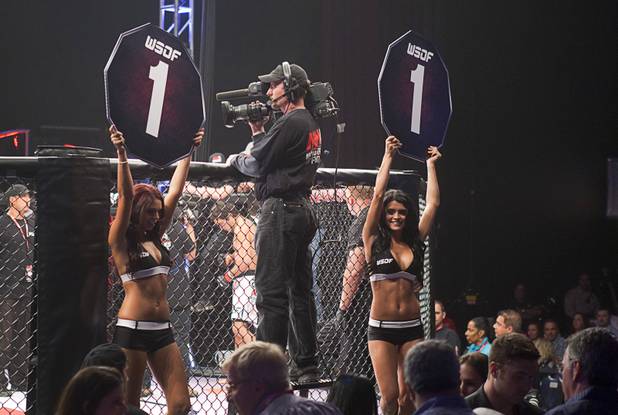 Women hold round cards during the World Series of Fighting debut in the PH Live theater at Planet Hollywood Saturday, Nov. 3, 2012. The event was broadcast live on the NBC Sports Network.