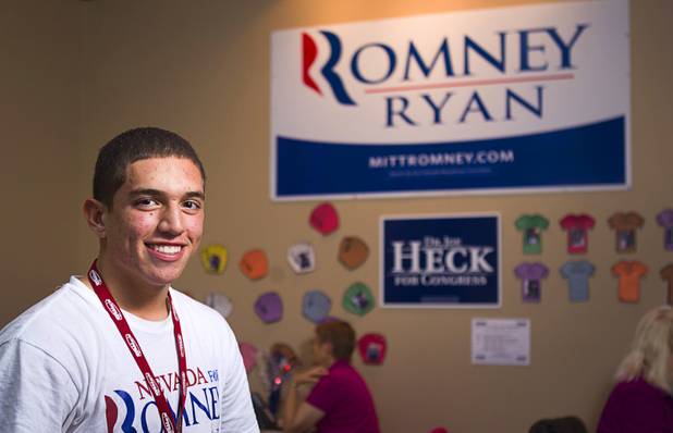Tommy Bonetti, 16, a volunteer for the Mitt Romney for President campaign, poses in a Henderson field office Monday, Nov. 5, 2012.