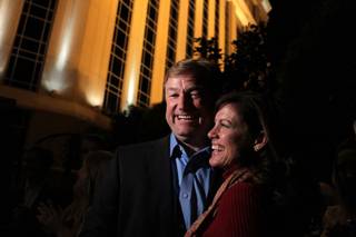 Sen. Dean Heller, R-Nev., with his Lynne, right, talks to the media after his victory at the Palazzo in Las Vegas after midnight on Wednesday, November 7, 2012.