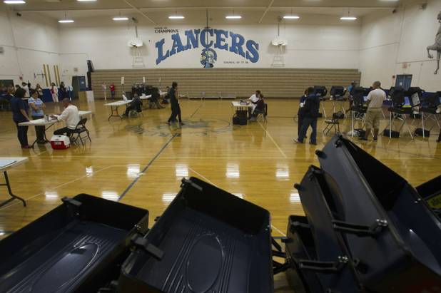 A view of the polls on election day at the Fremont Middle School gym Tuesday, November 6, 2012. STEVE MARCUS