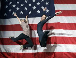 Supporters of President Barack Obama Shauna Harry, left, and Alana Hearn celebrate by leaping in the air at New York State Democratic Headquarters following Election Day, Tuesday, Nov. 6, 2012. 