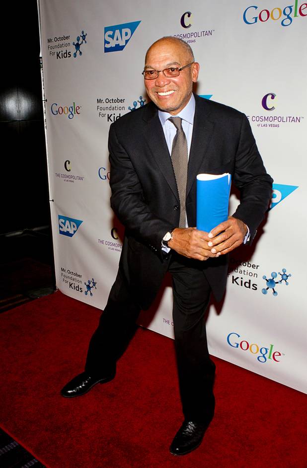 Hall of Famer Reggie Jackson strikes a batting pose at his 8th All-Star Celebrity Classic at the Cosmopolitan Sunday, Nov. 11, 2012. The event raised funds for the Mr. October Foundation for Kids, a charity that supports minority students pursuing education in science and technology.