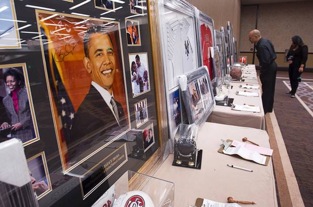 Silent auction items are displayed during Reggie Jackson's 8th All-Star Celebrity Classic at the Cosmopolitan Sunday, Nov. 11, 2012. The event raised funds for the Mr. October Foundation for Kids, a charity that supports minority students pursuing education in science and technology.
