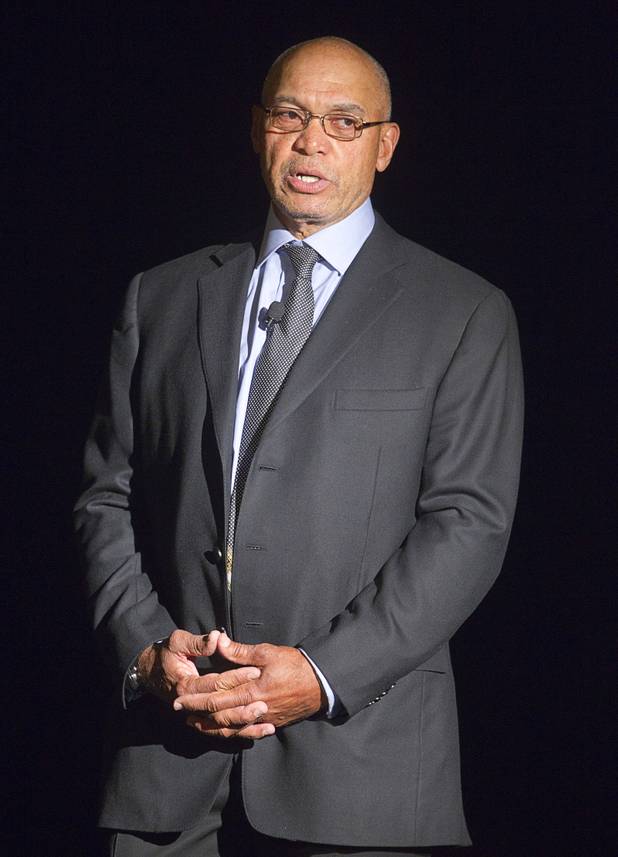 Reggie Jackson speaks during his 8th All-Star Celebrity Classic at the Cosmopolitan Sunday, Nov. 11, 2012. The event raised funds for the Mr. October Foundation for Kids, a charity that supports minority students pursuing education in science and technology.