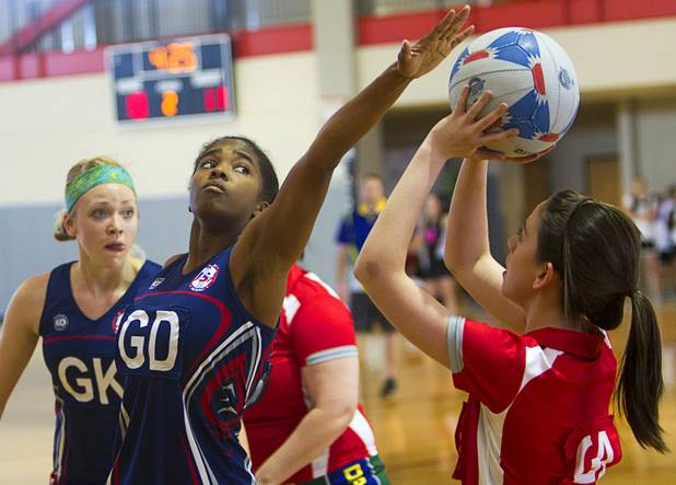 Marcinda Gamble of Team USA covers Ailise Boyle of the Las Vegas Devils during the 2012 CallidusCloud U.S. Open Netball Championships at UNLV campus Sunday, November 11, 2012.