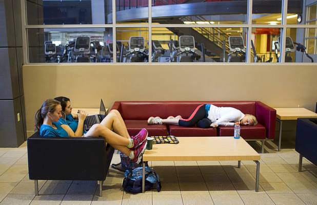 Netball players take a break between matches during the 2012 CallidusCloud U.S. Open Netball Championships at UNLV campus Sunday, November 11, 2012.