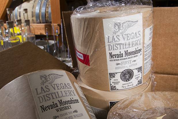 Labels for bottles of Nevada Moonshine are displayed at the Las Vegas Distillery in Henderson Monday, Nov. 12, 2012. The distillery, at 7330 Eastgate Road, will celebrate the historic bottling of several new spirits -Nevada whiskey, rum, gin and moonshine- on Saturday, Nov. 17. A Mason jar edition will be available after Thanksgiving, said distillery founder George Racz.