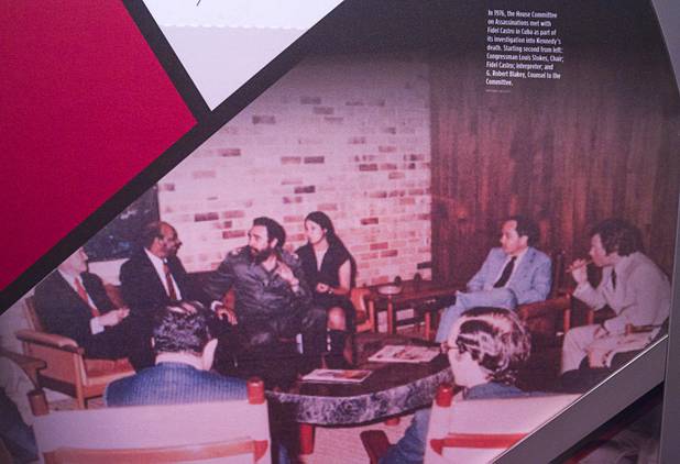 G. Robert Blakey, second right, is shown in a 1976 photo showing a meeting of the House Committee on Assassinations with Fidel Castro in Cuba. Blakey was serving as counsel to the committee. The photo is part of an exhibit at the Mob Museum.