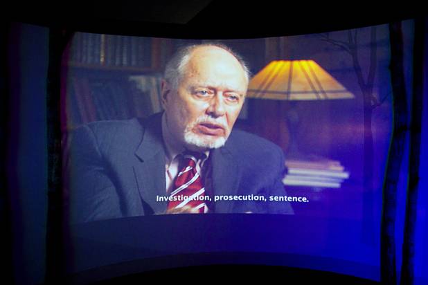 G. Robert Blakey speaks during a video about prosecuting organized crime members being played at the Mob Museum in downtown Las Vegas Tuesday, Nov. 13, 2012.