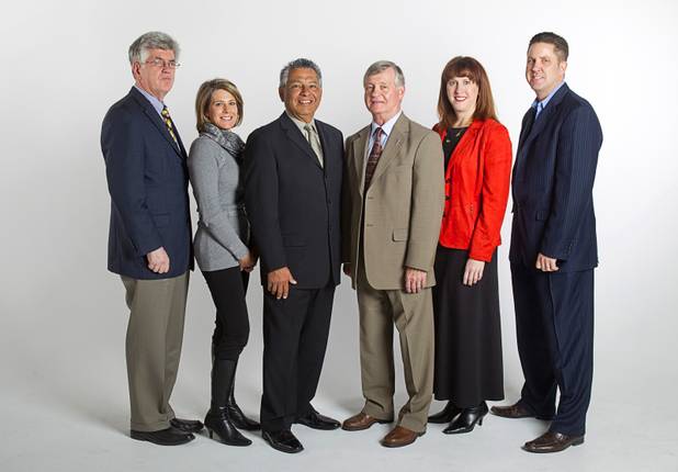 Stephen Brown, UNLV professor of economics, Tina Quigley, general manager of the Regional Transportation Commission, Joe Hernandez, president/COO of Branch-Hernandez & Associates Insurance Services, Larry Charlton, Nevada regional executive for City National Bank, Lori Nelson, vice president of corporate communications at Station Casinos, and Doug Geinzer, CEO of the Southern Nevada Medical Industry Coalition, pose before an economic roundtable discussion at the Las Vegas Sun Wednesday, November 14, 2012.