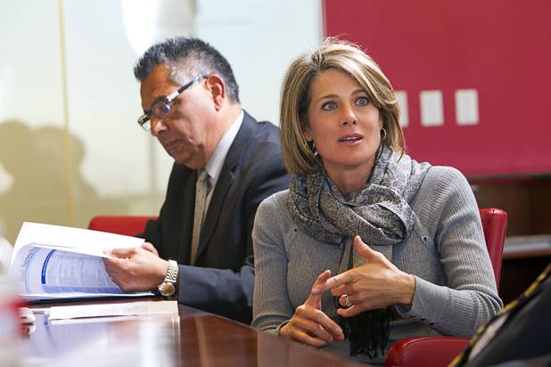 Tina Quigley, general manager of the Regional Transportation Commission, speaks during an economic roundtable discussion at the Las Vegas Sun Wednesday, November 14, 2012.  Joe Hernandez, president/COO of Branch-Hernandez & Associates Insurance Services, is at left.