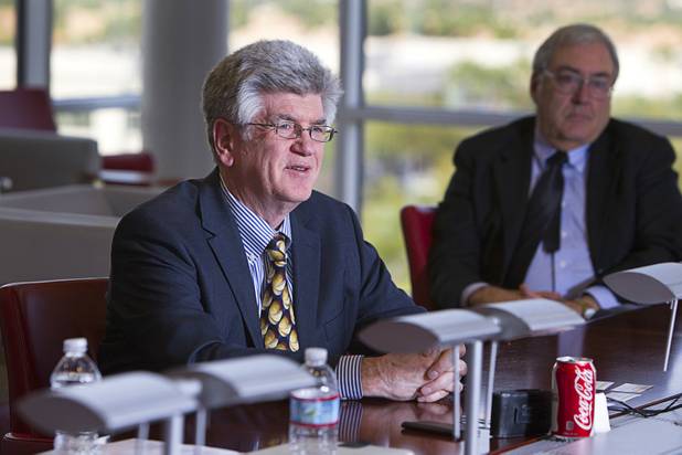 Stephen Brown, left, UNLV professor of economics, speaks during an economic roundtable discussion at the Las Vegas Sun Wednesday, November 14, 2012.