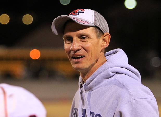 Coronado coach Brad Talich is shown after the Cougars beat the Green Valley Gators 29-14 during the Sunrise regional semifinal at Green Valley High School in Henderson Friday, November 16 , 2012.