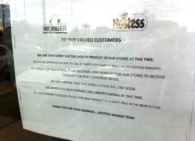 A notice placed on the door of the Wonder Hostess Bakery Outlet on 4348 E. Craig Road tells customers about the lack of products due to a strike. The company announced today (Friday, Nov. 16, 2012) that it was shutting down.
