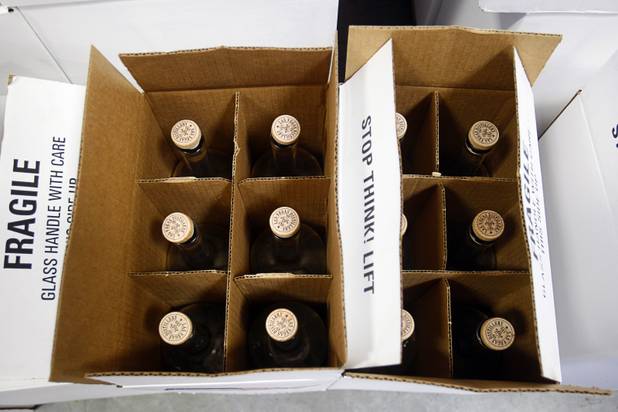 Empty bottles wait to be filled during the Historic First Edition Day at the Las Vegas Distillery in Henderson Saturday, November 17, 2012. The event marks the first bottling of several new spirits and the grand opening of the Booze Brothers Beverage distribution company and the Half Full Artisan Shop at the Distillery, a retail store. The spirits include Nevada vodka, whiskey, gin, rum and moonshine.