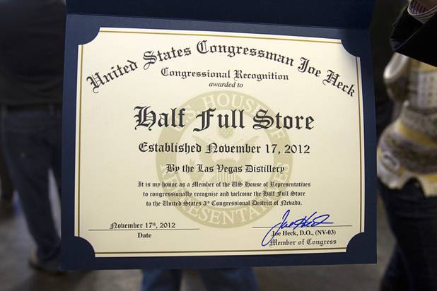 A certificate of recognition is displayed during the Historic First Edition Day at the Las Vegas Distillery in Henderson Saturday, November 17, 2012. The event marks the first bottling of several new spirits and the grand opening of the Booze Brothers Beverages distribution company and the Half Full Artisan Shop at the Distillery, a retail store. The spirits include Nevada vodka, whiskey, gin, rum and moonshine.