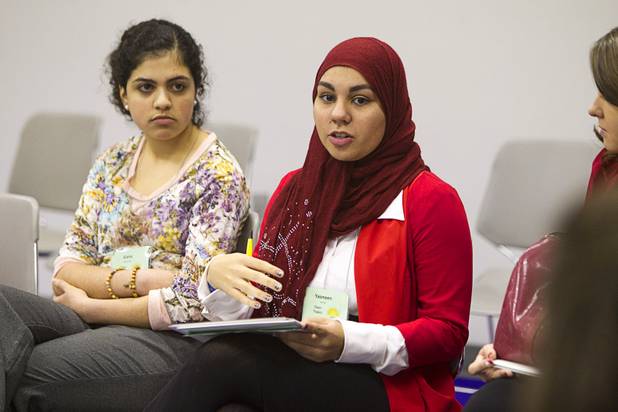 Yasmeen Kaboud, center, of Green Valley High School speaks during the annual Las Vegas Sun Youth Forum at the Las Vegas Convention Center Tuesday, November 20, 2012. Alana Bannourah of Palo Verde listens at left.