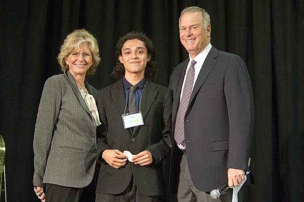 Scholarship winner Hector Vargas-Perla of Valley High School poses with Janie Greenspun-Gale and Brian Greenspun during the annual Las Vegas Sun Youth Forum at the Las Vegas Convention Center Tuesday, November 20, 2012.
