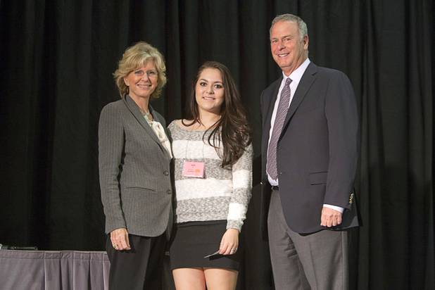 Scholarship winner Allie Rizzo of Liberty High School poses with Janie Greenspun-Gale and Brian Greenspun during the annual Las Vegas Sun Youth Forum at the Las Vegas Convention Center Tuesday, November 20, 2012.
