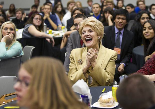 Former Nevada first lady Sandy Miller laughs as it is announced that she will give out a $1,000 scholarship during the annual Las Vegas Sun Youth Forum at the Las Vegas Convention Center Tuesday, November 20, 2012.