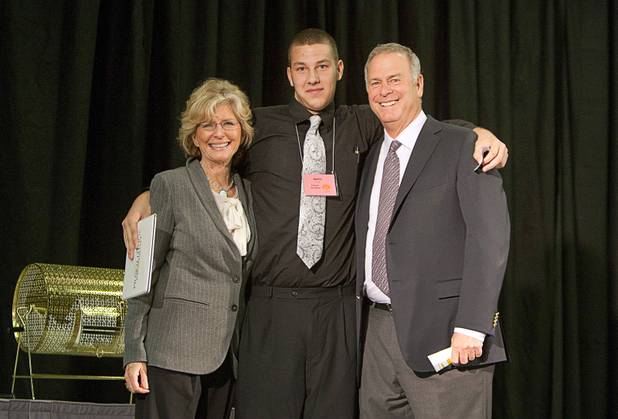 Scholarship winner Apollo Horvath of Chaparral High School poses with Janie Greenspun-Gale and Brian Greenspun during the annual Las Vegas Sun Youth Forum at the Las Vegas Convention Center Tuesday, November 20, 2012. Horvath won a scholarship donated by former Nevada first lady Sandy Miller.