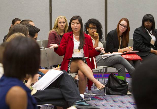 Jackie Yoo, center, of Coronado High School speaks during the annual Las Vegas Sun Youth Forum at the Las Vegas Convention Center Tuesday, November 20, 2012.