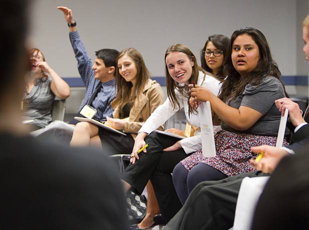 Victoria Henderson, center, of the College of Southern Nevada High School participates in a discussion during the annual Las Vegas Sun Youth Forum at the Las Vegas Convention Center Tuesday, November 20, 2012.