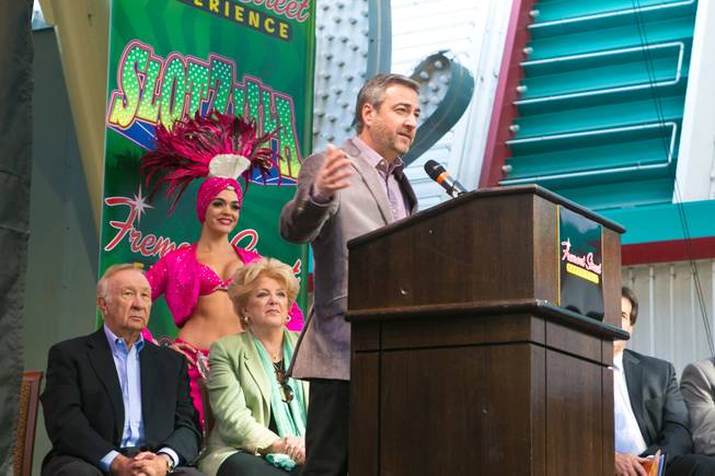 Jeff Victor, president of Fremont Street Experience, makes a few remarks Tuesday, Nov. 27, 2012, before unveiling downtown's newest addition, SlotZilla, a permanent two-level zip line that spans 1,700 feet through the downtown canopy.