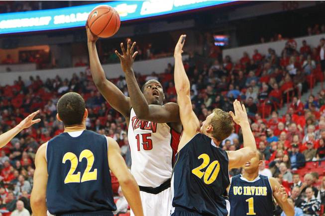 UNLV forward Anthony Bennett puts up a hook shot over UC Irvine forward Adam Folker during their game Wednesday, Nov. 28, 2012 at the Thomas & Mack. UNLV won the game 85-57.