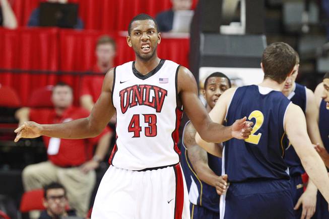 UNLV forward Mike Moser reacts after being called for a foul during their game against UC Irvine Wednesday, Nov. 28, 2012 at the Thomas & Mack. UNLV won the game 85-57.