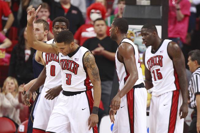 UNLV guard Anthony Marshall wags his finger signifying "No" after the Rebels rejected a UC Irvine shot during their game Wednesday, Nov. 28, 2012 at the Thomas & Mack.
