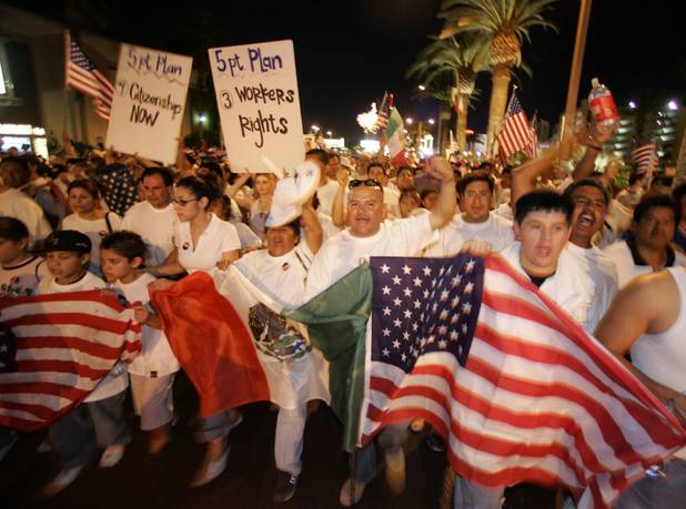 Immigation reform marchers fill the southbound lanes of the Las Vegas Strip Monday, May 1, 2006. An estimated 7,000 people rallied downtown, then marched down The Strip. Police closed the southbound lanes until the march was completed. 