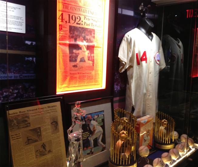 Pete Rose was banned from baseball, and its Hall of Fame under gambling allegations, but in Las Vegas he has a display at Score!, the interactive fantasy sports exhibit at the Luxor in Las Vegas.