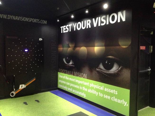 Visitors can measure jumping ability, vision and other physical tests to see how they compare with profession athletes at Score!, the interactive fantasy sports exhibit at the Luxor in Las Vegas.
