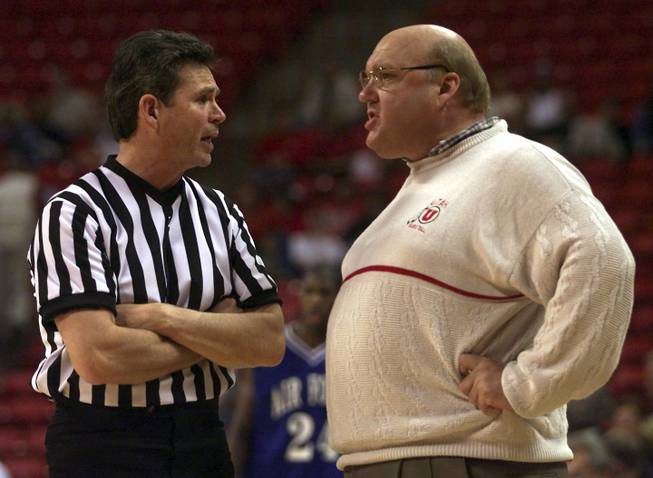 Utah coach Rick Majerus argues for a call during his team's Mountain West Conference Tournament game against Air Force March 9. Utah won 74-65.