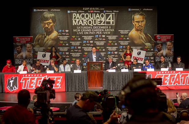 Fernando Beltran of Zanfer Promotions speaks during a news conference at the MGM Grand Wednesday, Dec. 5, 2012. Filipino boxer Manny Pacquiao and Juan Manuel Marquez of Mexico will fight for a fourth time in a welterweight bout at the MGM Grand Garden Arena Saturday.