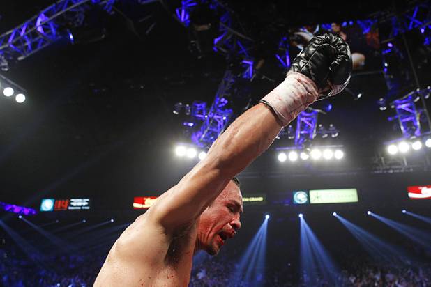 Juan Manuel Marquez of Mexico celebrates his 6th round knock out victory over Manny Pacquiao of the Philippines during their welterweight fight at the MGM Grand Garden Arena in Las Vegas, Nevada December 8, 2012.