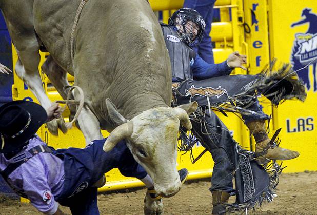 A bullfighter, left, distracts a bull after bull rider Cody Teel of Kountze, Texas got his hand caught in the rope during the fourth go-round of the Wrangler National Finals Rodeo at the Thomas & Mack Center Sunday, Dec. 9, 2012. The NFR continues through Saturday.