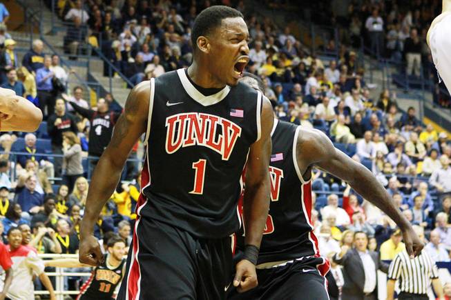 UNLV forward Quintrell Thomas celebrates his offensive rebound and game-winning basket in the last second of the Rebels' game against Cal on Sunday, Dec. 9, 2012, at Haas Pavilion in Berkeley, Calif. UNLV won 76-75.