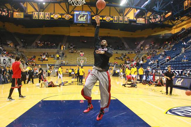 UNLV forward Mike Moser and the rest of the Runnin' Rebels warm up before their game agasint Cal at Haas Pavilion in Berkeley, Calif., Sunday, Dec. 9, 2012.
