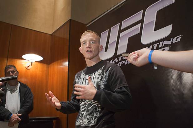Welterweight fighter Colton Smith talks with reporters during UFC Ultimate Fighter Finale workouts at the Hard Rock Thursday, Dec. 13, 2012.