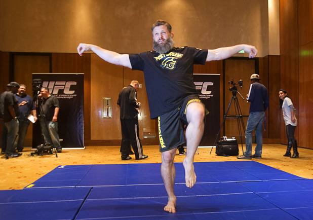 Heavyweight fighter Roy Nelson of Las Vegas adopts a kung fu stance during UFC Ultimate Fighter Finale workouts at the Hard Rock Thursday, Dec. 13, 2012.