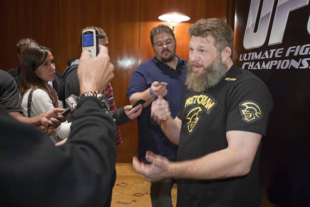 Heavyweight fighter Roy Nelson of Las Vegas talks with reporters during UFC Ultimate Fighter Finale workouts at the Hard Rock Thursday, Dec. 13, 2012.