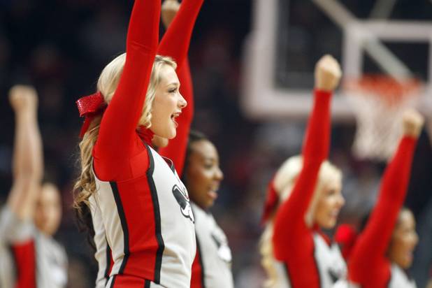 UNLV cheerleaders perform during UNLV's game against the La Verne Leopards at the Orleans Arena Thursday, Dec. 13, 2012.