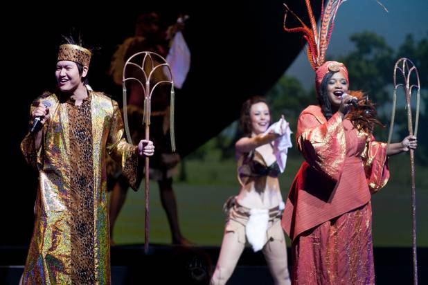 MGM Resorts International employees perform in during a dress rehearsal for the Inspiring Our World show at the Mandalay Bay Events Center Saturday, Dec. 15, 2012.