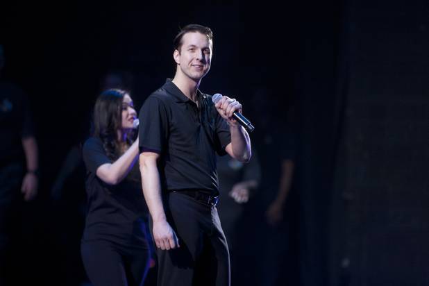 Benjamin Stobber, an Aria concierge, performs during a dress rehearsal for MGMs Inspiring Our World show, an event featuring MGM employees, at the Mandalay Bay Events Center Saturday, Dec. 15, 2012.
