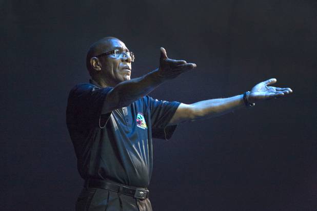Sherman James, a concierge at the Skylofts at MGM, performs during a dress rehearsal for MGMs Inspiring Our World show, an event featuring MGM employees, at the Mandalay Bay Events Center Saturday, Dec. 15, 2012.