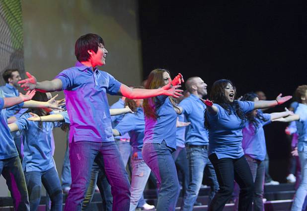 MGM Resort International employees perform during a dress rehearsal for Inspiring Our World show at the Mandalay Bay Events Center Saturday, Dec. 15, 2012.