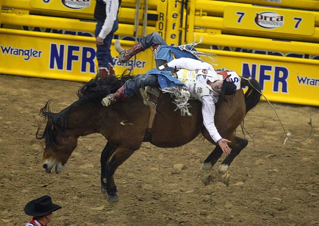 Bareback rider Kaycee Feild of Payson, Utah competes during the final night of the Wrangler National Finals Rodeo Saturday, Dec. 15, 2012. Feild won the world championship title in bareback riding.